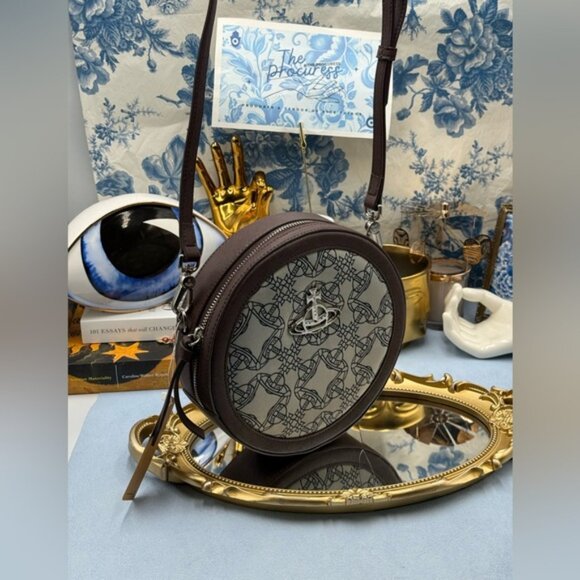 🆕 VIVIENNE WESTWOOD 🧿 NWT Debbie Round Crossbody Bag, Brown & Jacquard - AUTH - Picture 2 of 15